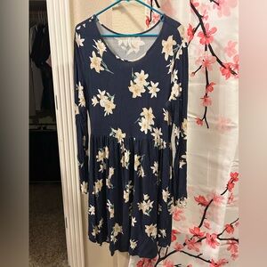 Floral Long Sleeve Dress - Navy and White